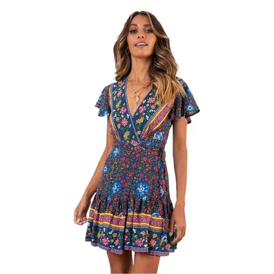 Women's Printed V Neck Shorts Dress Red Blue