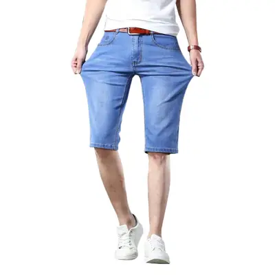 Men Slim Fit Blue Denim Capri Shorts