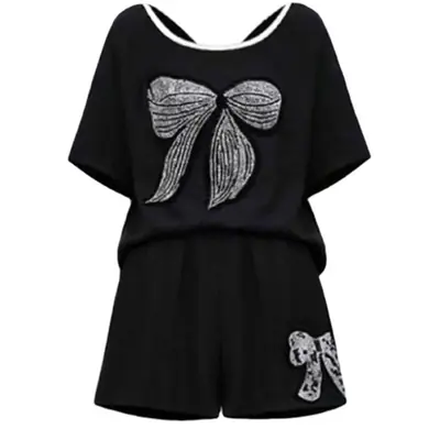 Women Sequined Butterfly Shorts Set Black 2023