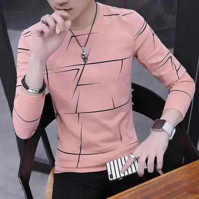 Men's Black White Grid Long Sleeve T-Shirt