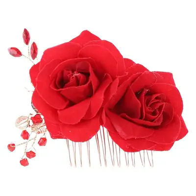 Red Rose Bridal Hair Comb with Gold Accents