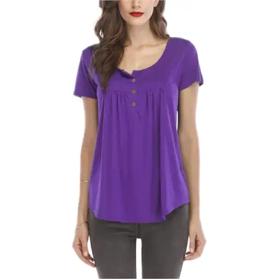 Black Pleated Button T-Shirt for Women Short Sleeve