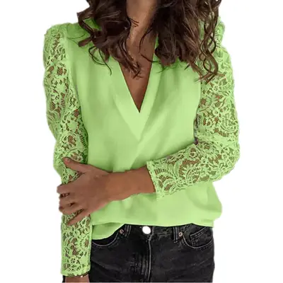 2025 Green Lace Long Sleeve V-Neck Shirt for Women