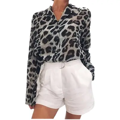 2020 Leopard Print Chiffon Long Sleeve Women Shirt