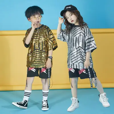 Boy Hip Hop Dance Costume Sequin Shirt Cap Pants White Black