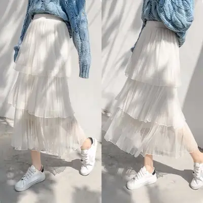 Women's 2-Piece Pleated Gauze Skirt Set White