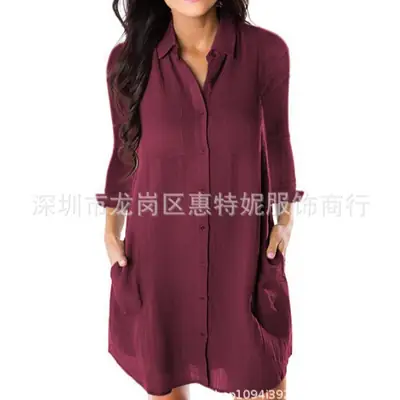 2019 Spring Summer Plus Size Maroon Single Breasted Dress