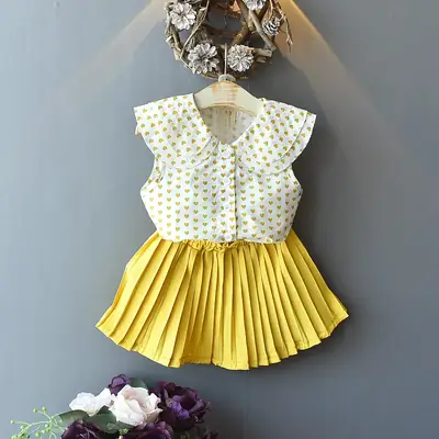 Girls' Red Polka Dot Summer Suit with Pleated Skirt