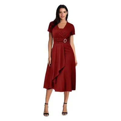 Women's Maroon Asymmetrical Swing V Neck Midi Dress