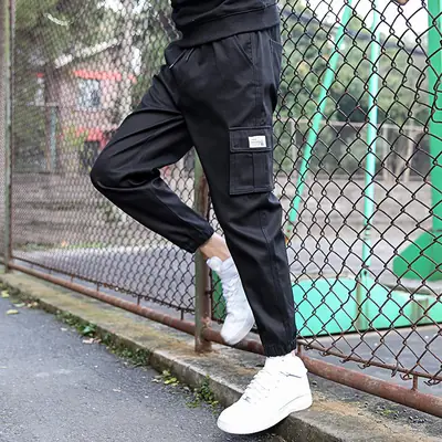 Men's Black Ankle-Tied Casual Pants with Cargo Pocket