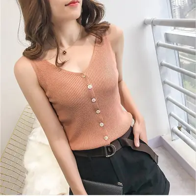 Button Knitted V Neck Vest Women Spring Summer Slim Fit