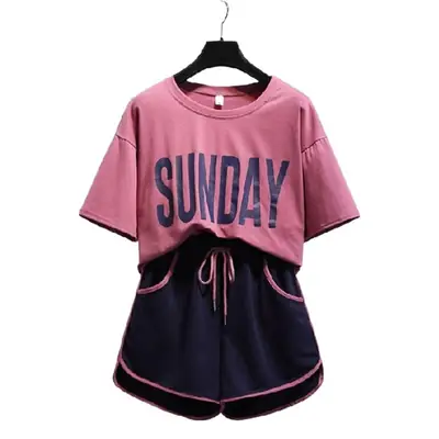 Women Korean Style Short Sleeve Shorts Set Pink Black