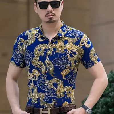 2019 Men Printed Dragon Shirt Blue Short Sleeve