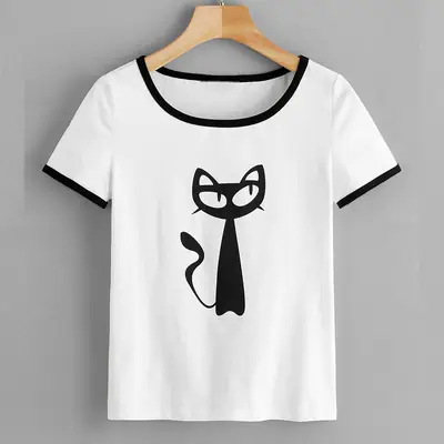White Cat Letter T-Shirt for Men Women Casual Streetwear