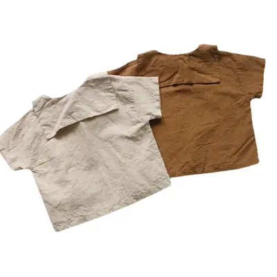 2026 Spring Boys Cotton Linen T-Shirt Brown Beige