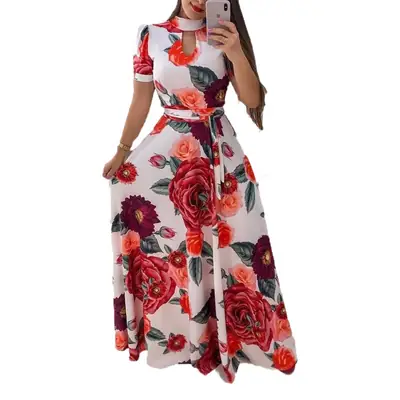 2025 Floral Flared Skirt Dress Teal Vacation Style