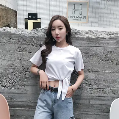 Women's White Round Neck Strap Top Short Sleeve 2021 Summer