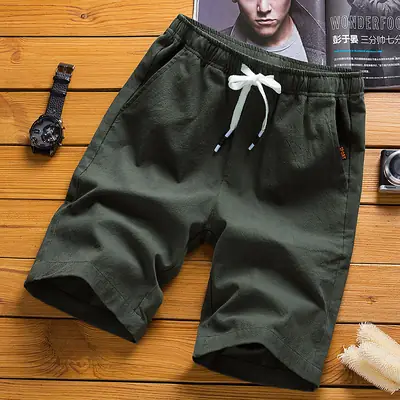 Men Cotton Linen Shorts Beige 2022 Casual Middle