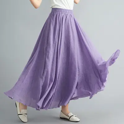 Women Linen Artistic Skirt Yellow Elastic Waist Long Swing
