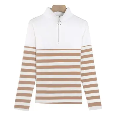 Women Striped Long Sleeve T-Shirt with Zipper Collar