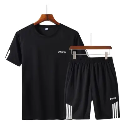 Men Black Sports T-Shirt Shorts Set Short Sleeve Summer