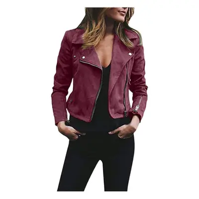 Women's Maroon Lapel Zipper Jacket with Black Pants