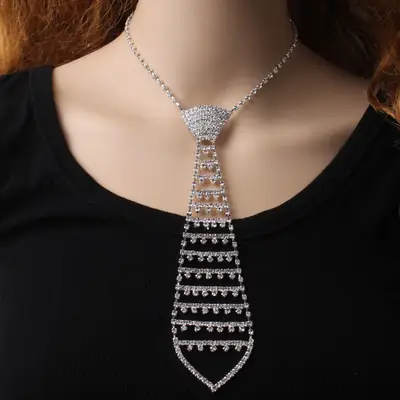 Full Diamond Rhinestone Necktie Necklace for Men Women