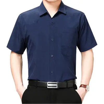 Men Short Sleeve Button Shirt Blue Large