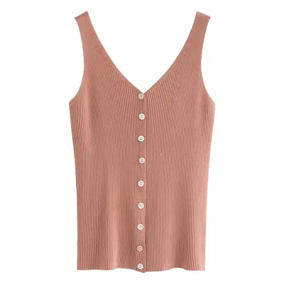 Button Knitted V-Neck Sleeveless Vest Women