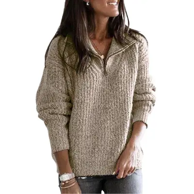 Women Grey Knit Zipper Pullover Sweater Jacket Long Sleeve