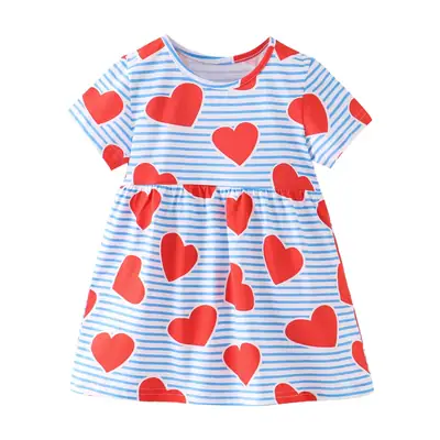 Girls Printed Cotton Dress Red Blue Striped Summer