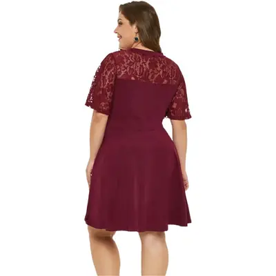 Plus Size V-Neck Lace Dress Maroon Summer 2019