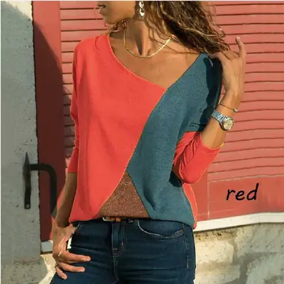 Women's Contrast Color Round Neck Long Sleeve T-Shirt Red Blue