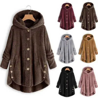 Women Button Plush Hooded Jacket Black Winter