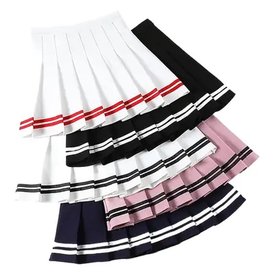White Pleated College Skirt with Blue Trim Elastic Waist