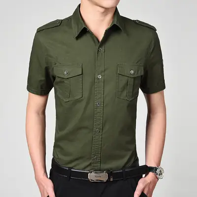 Men Cotton Short Sleeve Shirt Olive Green Black Large