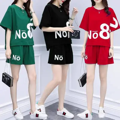 Women Casual Shorts Set No Cotton Red Black Green