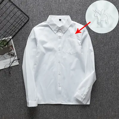White Long Sleeve College Student Shirt with Pocket & Collar