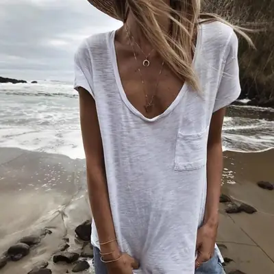 2019 Women's Brown Cotton V-Neck Short Sleeve Top with Pocket