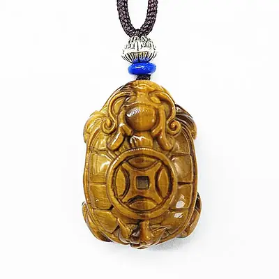 Natural Tiger Eye Gold Turtle Pendant with Dragon Design