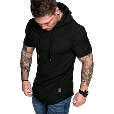 Men Black Hooded T-Shirt Short Sleeve Fit