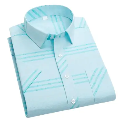Men Printed Plaid Shirt Light Blue Striped Short Sleeve