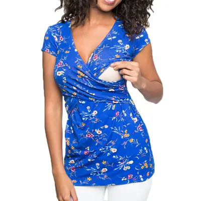 Blue Floral V-Neck Maternity Dress for Women