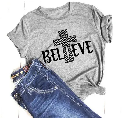 Believe Cross Design T-Shirt for Men Women Grey