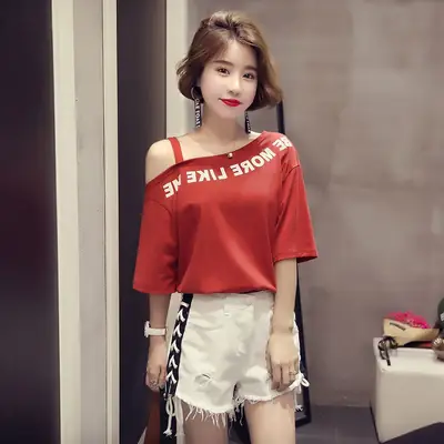Women Off-Shoulder Printed T-Shirt Red White 2025