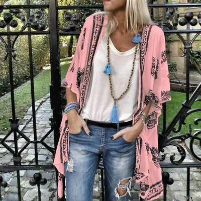 Women's Red Printed Long Sleeve Cardigan Shirt with Tassel Neckline