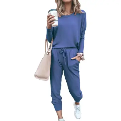 Women Blue Loose Fit Long Sleeve Sweatpants Set