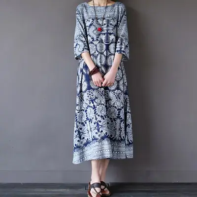 2023 New Floral Linen Plus Size Dress Elegant Versatile