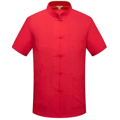Red Embroidered Chinese Style Short Sleeve Dad Suit for Men
