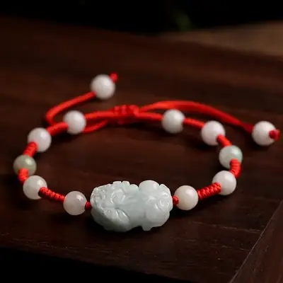 Natural Jade Braid Bracelet with White Beads Myanmar Design